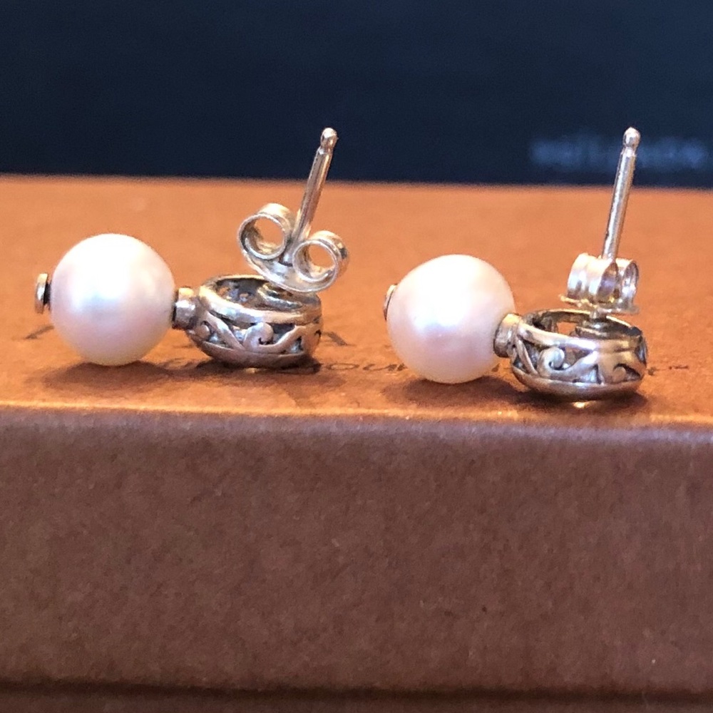 Rare Silpada Filigree Sterling Silver Pearl Cubic Zirconia Post Earrings P2118 - Picture 8 of 16